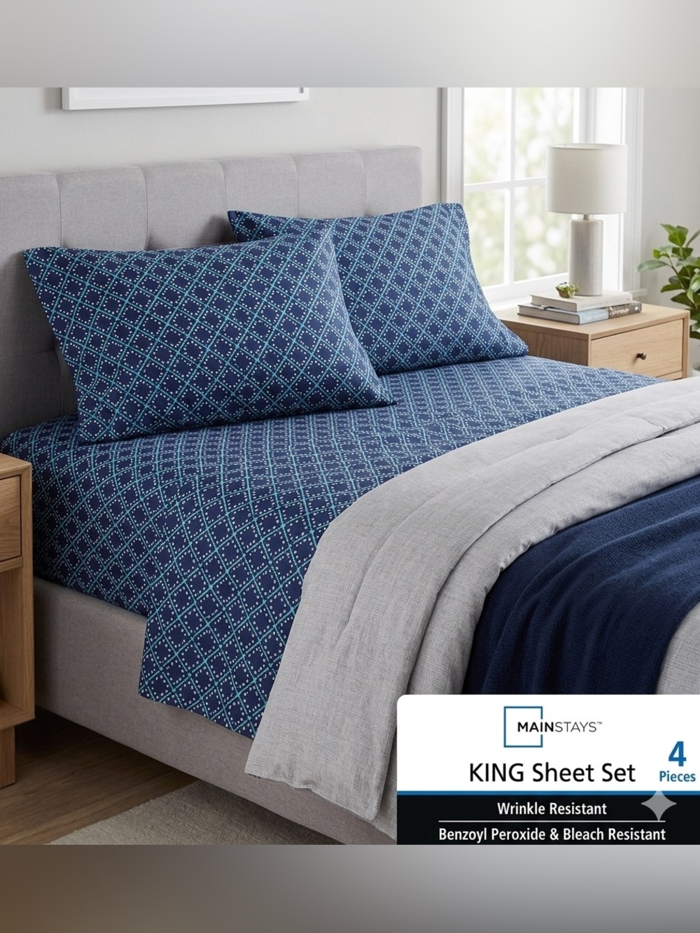 Blue, Teal, and White Geometric Patterned King Sheets